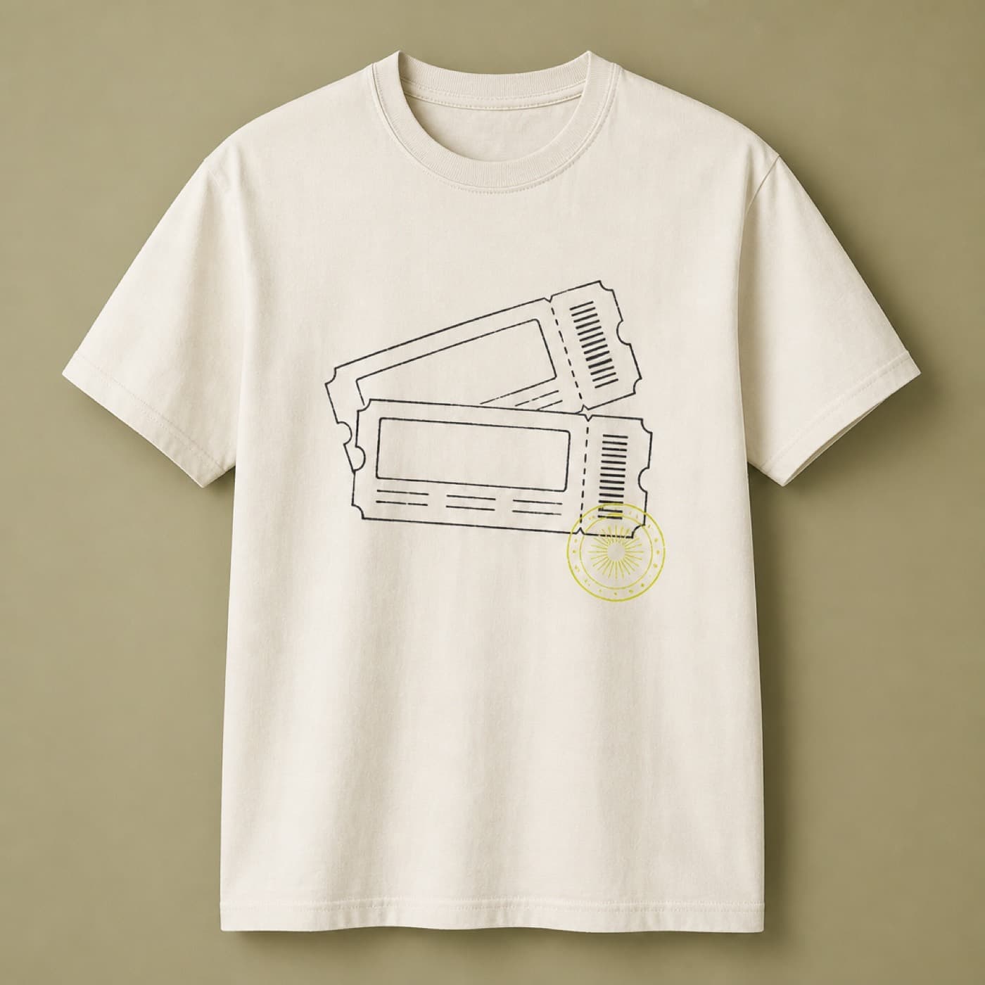 Bone event tee with a ticket-style chest drawing